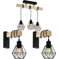 Loops Ceiling Spot Light & 2x Matching Wall Lights Black Wire Cage & Wood Trendy Lamp