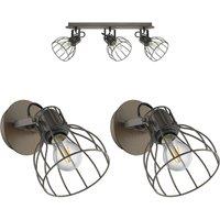 Loops Ceiling Spot Light & 2x Matching Wall Lights Industrial Rustic Metal Wire Shade