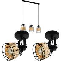 Loops Ceiling Spot Light & 2x Matching Wall Lights Black Wire & Wicker Wood Shade