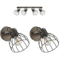 Loops Quad Ceiling Light & 2x Matching Wall Lights Industrial Metal Cage Asjustable