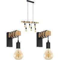 Loops Multi Bulb Ceiling Pendant Light & 2x Matching Wall Lights Black & Wood Trendy