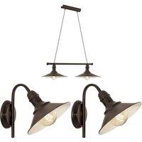 Loops Ceiling Pendant Light & 2x Matching Wall Lights Antique Metal Shade Vintage