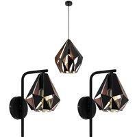 Loops Ceiling Pendant Light & 2x Matching Wall Lights Black Copper Geometric Shade