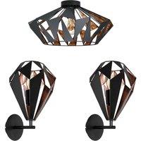Loops Low Ceiling Light & 2x Matching Wall Lights Black Copper Geometric Lamp Shade