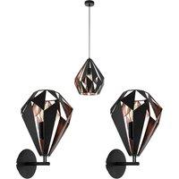 Loops Ceiling Pendant Light & 2x Matching Wall Lights Black & Copper Shard Geometric