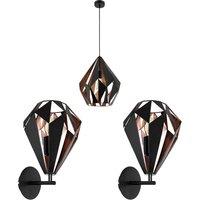Loops Ceiling Pendant & 2x Matching Wall Lights Black & Copper Shard Geometric Shade