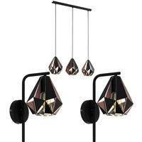 Loops 3 Bulb Ceiling Pendant Light & 2x Matching Wall Lights Black & Copper Geometric