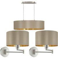 Loops Ceiling Pendant Light & 2x Matching Wall Lights Taupe & Gold Large Linear Shade