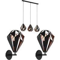 Loops 3 Bulb Ceiling Light & 2x Matching Wall Lights Black & Copper Geometric Shade