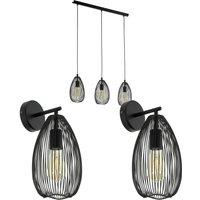 Loops 3 Bulb Ceiling Pendant & 2x Matching Wall Lights Black Wire Cage Shade Linear