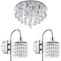 Loops Low Ceiling Light & 2x Matching Wall Lights Chrome & Crystal IP44 Bathroom Lamp