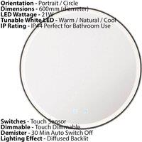 Loops 600mm IP44 MATT BLACK Round LED Bathroom Mirror & Demister Tunable White Border