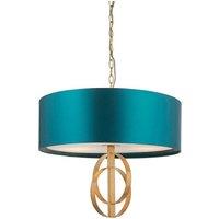 Loops Antique Gold Ceiling Pendant Light & Teal Satin Shade - 3 Bulb Hanging Fitting