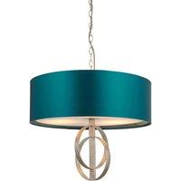 Loops Antique Silver Ceiling Pendant Light & Teal Satin Shade - 3 Bulb Hanging Fitting in Metallics