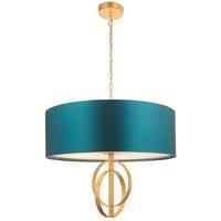 Loops Antique Gold Ceiling Pendant Light & Teal Satin Shade - 5 Bulb Hanging Fitting