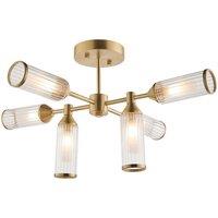 Loops Brass Semi Flush 6 Bulb Ceiling Light - Ribbed Glass Shades & Frosted Diffusers in Clear