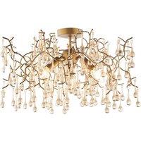 Loops Aged Gold Semi Flush Ceiling Light with Glass Droplets 3 Bulb Low Hanging Light in Clear