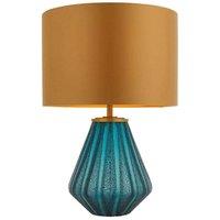 Loops Turqoise Glass Base Table Lamp Light & Gold Fabric Shade - Black Textured Detail