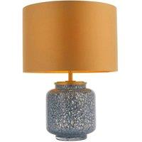 Loops Cobalt Glass Base Table Lamp Light & Gold Fabric Shade - Antique Brass Metalwork in Clear