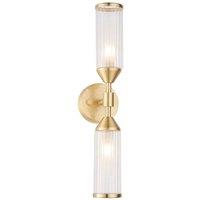 Loops Satin Brass Twin Wall Light & Ribbed Glass Shades - Frosted Glass Inner Defusers in Clear