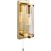 Loops Satin Brass Bathroom Wall Light & Ribbed Cylinder Glass Shade IP44 Rated Fitting in Clear
