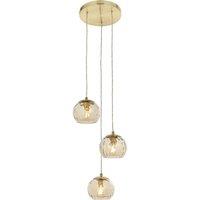 Loops Satin Brass 3 Light Ceiling Pendant Fitting & Campagne Dimpled Glass Shades in Clear