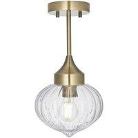 Loops Semi Flush Ceiling Light Fitting - Antique Brass Plate & Ribbed Glass Shade in Clear