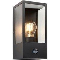 Loops Matt Black Outdoor Wall Light & PIR Sensor - Rectangular Lantern - Clear Glass