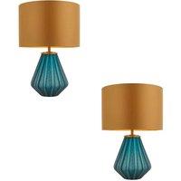 Loops 2 PACK Turqoise Glass Base Table Lamp Light & Gold Fabric Shade - Black Detail