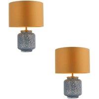 Loops 2 PACK Cobalt Glass Base Table Lamp Light & Gold Fabric Shade - Antique Brass in Clear