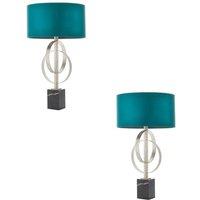 Loops 2 PACK Antique Silver Table Lamp & Teal Satin Shade Black Marble Base Desk Light