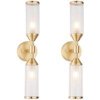 Loops 2 PACK Satin Brass Twin Wall Light & Ribbed Glass Shades Frosted Glass Defusers in Clear