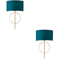 Loops 2 PACK Antique Gold Leaf Wall Light & Teal Satin Shade Dimmable Filament Lamp