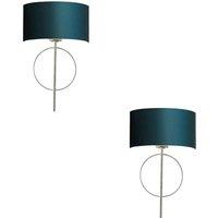 Loops 2 PACK Antique Silver Leaf Wall Light & Teal Satin Shade Dimmable Filament Lamp in Metallics
