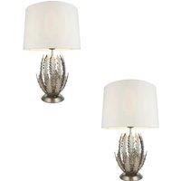 Loops 2 PACK Ornate Silver Table Lamp Ivory Cotton Fabric Shade Decorative Leaf Design in Metallics
