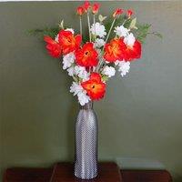 Leaf 100cm Artificial Poppy & White Blossom Arrangement Glass Vase in Red