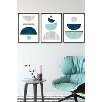 ARTZE Teal, Mint Green & Grey Abstract Mid Century Geometric Framed Wall Art - Medium in Black | Size: W45 cm x H62 cm x D20mm