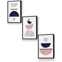 ARTZE Navy, Pink & Grey Abstract Mid Century Geometric Framed Wall Art - Small in Black | Size: W33 cm x H45 cm x D20mm