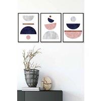 ARTZE Navy, Pink & Grey Abstract Mid Century Geometric Framed Wall Art - Medium in Black | Size: W45 cm x H62 cm x D20mm