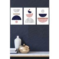 ARTZE Navy, Pink & Grey Abstract Mid Century Geometric Framed Wall Art - Medium in White | Size: W45 cm x H62 cm x D20mm