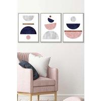 ARTZE Navy, Pink & Grey Abstract Mid Century Geometric Framed Wall Art - Medium in Light Grey | Size: W45 cm x H62 cm x D20mm