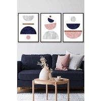 ARTZE Navy, Pink & Grey Abstract Mid Century Geometric Framed Wall Art - Large in Black | Size: W53 cm x H73 cm x D20mm