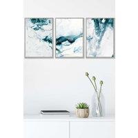 ARTZE Teal Blue Abstract Ocean Waves Framed Wall Art - Medium in Light Grey | Size: W45 cm x H62 cm x D20mm