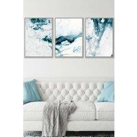 ARTZE Teal Blue Abstract Ocean Waves Framed Wall Art - Large in Light Grey | Size: W53 cm x H73 cm x D20mm