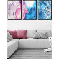 ARTZE Set of 3 Black Framed Abstract Fluid Marble in Blue & Pink Wall Art | Size: W53 cm x H73 cm x D20mm