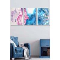 ARTZE Set of 3 White Framed Abstract Fluid Marble in Blue & Pink Wall Art | Size: W33 cm x H45 cm x D20mm