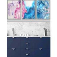 ARTZE Set of 3 Light Grey Framed Abstract Fluid Marble in Blue & Pink Wall Art | Size: W33 cm x H45 cm x D20mm