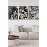 ARTZE Set of 3 Oak Framed Abstract Wild Garden Flowers in Black & Grey Wall Art | Size: W53 cm x H73 cm x D20mm