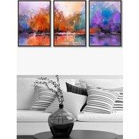ARTZE Set of 3 Black Framed Abstract Purple Orange Violet Dawn Wall Art | Size: W45 cm x H62 cm x D20mm
