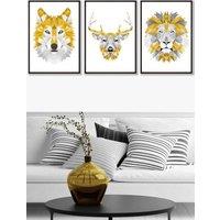 ARTZE Geometric Yellow Grey Animal Heads Framed Wall Art - Large in Black | Size: W53 cm x H73 cm x D20mm